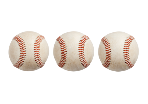 Three vintage baseballs in a horizontal row.  Each ball shows a worn, aged, slightly faded appearance
