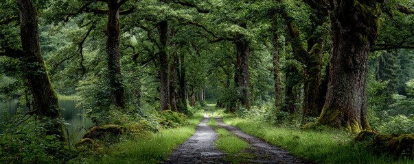 Obraz premium Lush forest path through towering trees