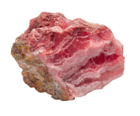 Close-up of a raw pink mineral specimen, exhibiting layered, striated patterns.  The surface displays a rough texture.  Hints of orange and tan are visible along the edges