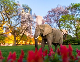 Elephant in a city park at twilight