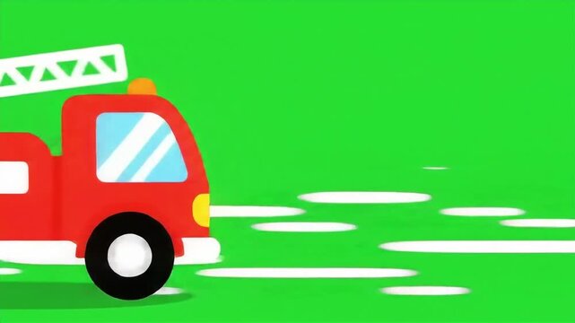 Cartoon Fire Truck Moving Side to Side on Bright Green Background in Flat Animation Style