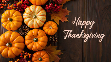Happy thanksgiving greeting with pumpkins and autumn leaves on wood