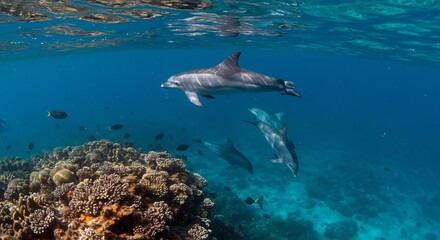 Obraz premium 穏やか海中 珊瑚礁優雅に泳ぐイルカ群 透き通る水光. AI Generated