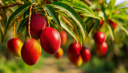 Obraz premium Mangoes hanging from the branches of an orchard tree, sunlight casting soft shadows on their smooth skin and vibrant red hues.