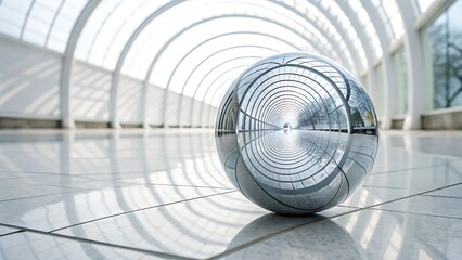 Reflective sphere in a tunnel with arched glass ceiling and tiles