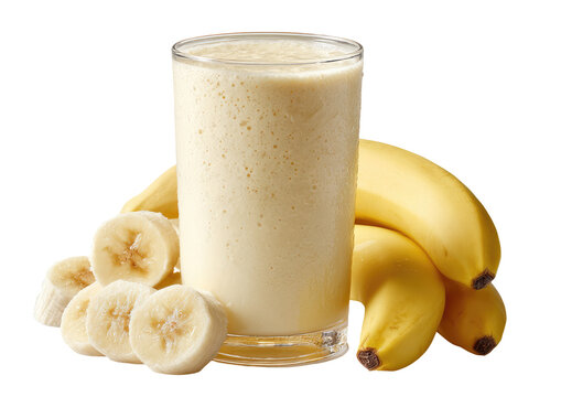 Creamy banana smoothie in a glass, with sliced bananas