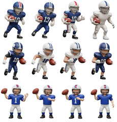 Set of American Football Players with Ball in Different Poses PNG