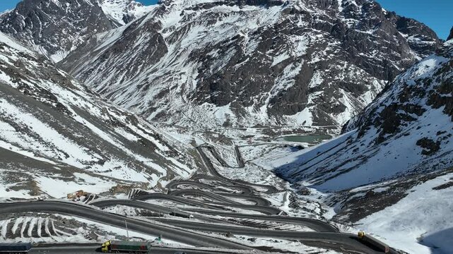 Los Caracoles highway road near Santiago Chile in aerial view. Snow highway road.