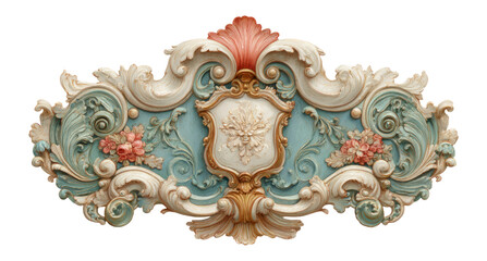 Ornate Vintage Decorative Element with Floral and Leaf Motifs on Blue Background