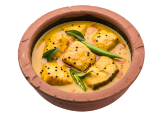 A vibrant curry dish of fish, cooked in a clay pot, showcases rich yellow tones and fresh green chilies.