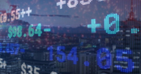 Streaming translucent digital ticker over city skyline at dusk, with floating monetary values