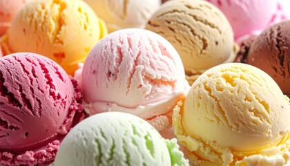 Colorful assortment of ice cream scoops offers a refreshing treat for a hot summer day. Ideal for dessert menu creation, summer treat advertisements and confectionery product packaging