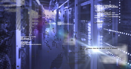 Showing rack-mounted servers blinking LED lights in data center, with world map overlay, copy space
