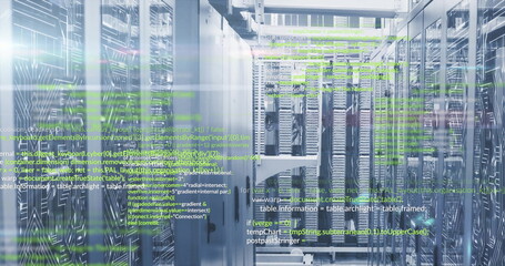 Floating code overlaying data center aisle, featuring server racks with patch cables and LED lights