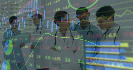 Mature female doctor in lab coat analyzing data in hospital hall, with candlestick chart overlays