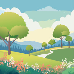 Obraz premium Lush Vector Forest with Grass Elevation for Scenic Landscape, Watercolor Botanical Elements for Architectural Designs, Flourishing Trees, Garden Environment.