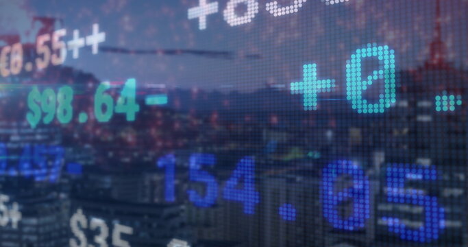 Streaming translucent digital ticker over city skyline at dusk, with floating monetary values