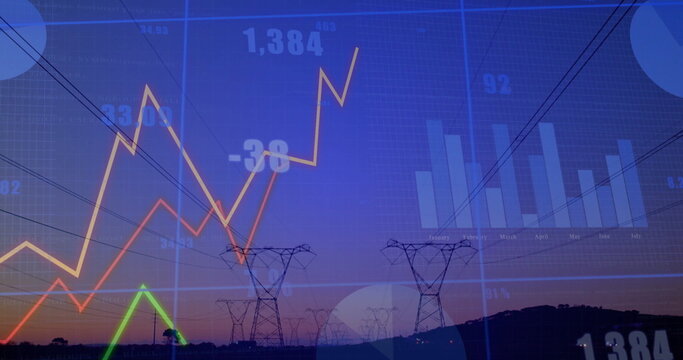 Stretching high-voltage towers across rural horizon at dusk, displaying line charts and bar charts