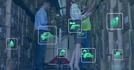 Reaching operator placing box on shelf in aisle while clerk checking device and supervisor guiding