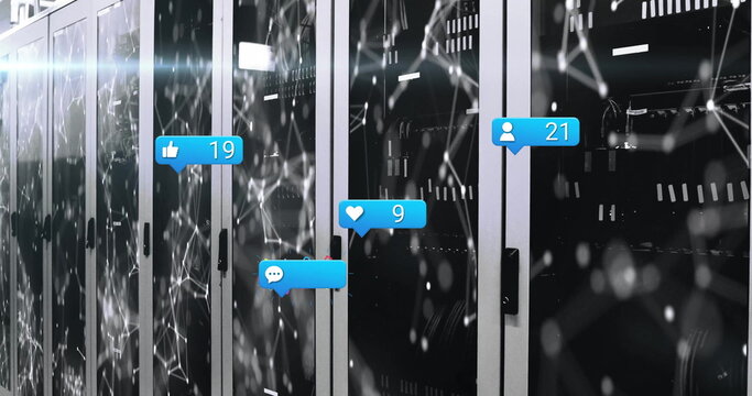 Displaying server rack cabinets showing blinking LEDs in data center aisle, with notification icons