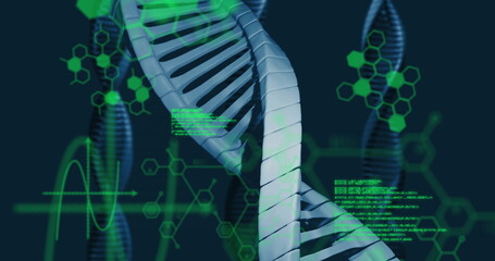 Displaying 3D DNA helix floating in data interface, with molecular graphs and code overlays