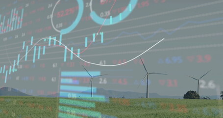 Featuring three wind turbines standing at wind farm on grassy plain, with financial data overlays