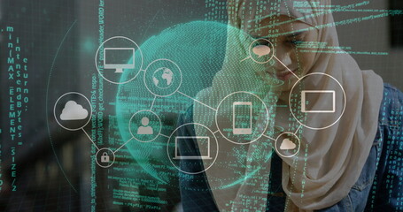 Typing Middle Eastern woman in headscarf using laptop at desk with network icons, copy space