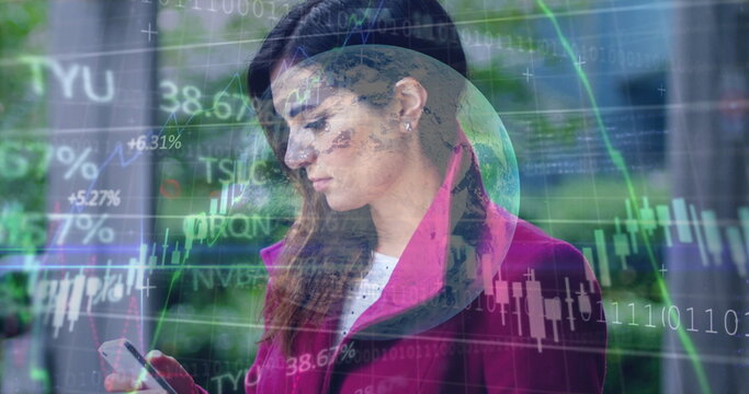 Analyzing woman in magenta coat checking smartphone on city street, with financial charts - Powered by Adobe