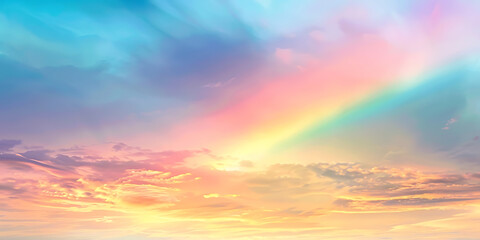 Obraz premium Vibrant rainbow arches across a pastel sky filled with soft clouds at sunrise or sunset.