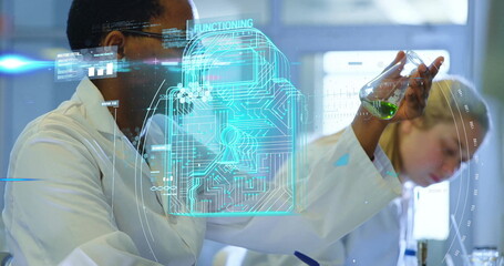 Holding flask scientist inspecting green liquid while colleague writing notes in lab, lock icon