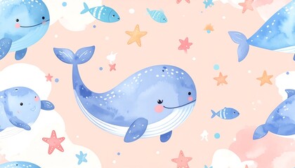 Naklejka premium Cute whales and fish in a watercolor style
