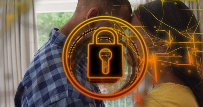 Romantic couple pressing foreheads by window with white curtains, with digital padlock icon overlay - Powered by Adobe