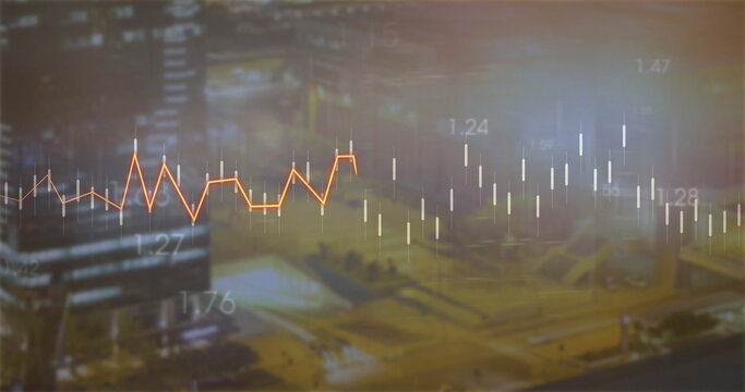 Displaying finance overlay above night skyline with orange graph, candlesticks, numbers, grid