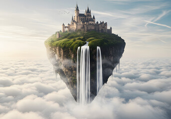 A majestic medieval castle sits atop a lush floating island with waterfalls, high above a sea of clouds.