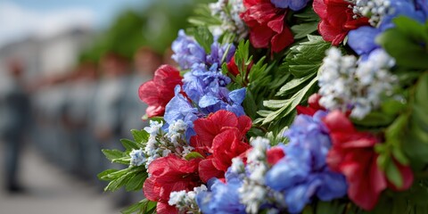military tribute wreath, sharp, detailed patriotic wreath with red, white, and blue flowers in the foreground, behind are blurred soldiers standing at attention for veterans day