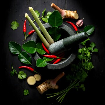 Thai herbs, spices, mortar and pestle, dark wood, overhead shot, flat lay, galangal, lemongrass, kaffir lime, chili, cilant
Overhead View of Thai Herbs and Spices with Mortar on Dark Wooden Background