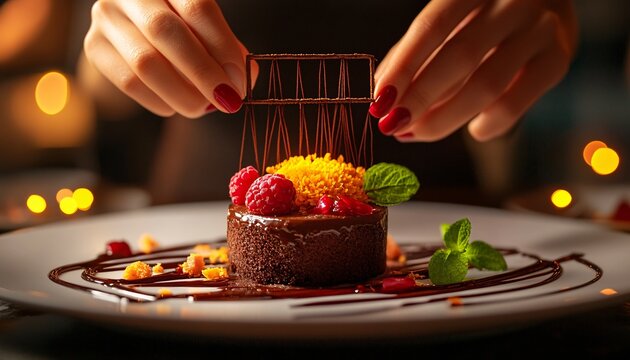 A pastry chef carefully places a chocolate lattice on top of a rich chocolate dessert garnished with raspberries, edible flowers, and mint leaves.