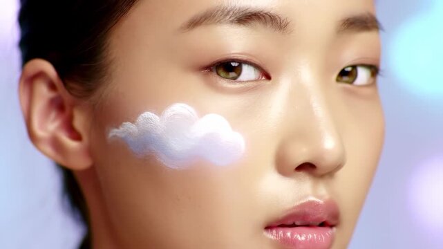 Close-up of woman's face with artistic cloud design