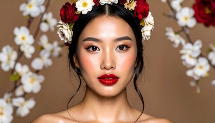 Close-up portrait of a woman with a floral crown