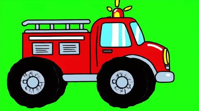 Cartoon Fire Truck Moving Against Bright Green Background with Loud Siren Light