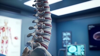 Spinal Cord Anatomy Visualization in Blue Medical Office Backdrop Ultra Realistic Cinematic Depiction of Human Backbone Structure for Medical Research and Education Explainer