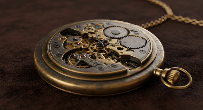 An antique brass pocket watch with its back open, revealing the intricate internal gears and clockwork mechanism.