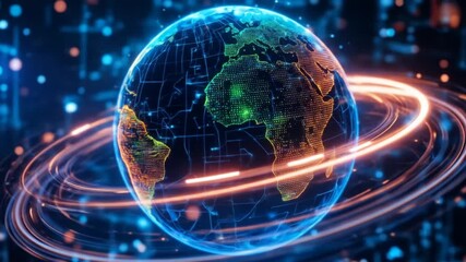 A digital globe rotates in cyberspace with neon light lines data stream, futuristic 3D global network communication technology in the modern digital era. 4k video - Powered by Adobe