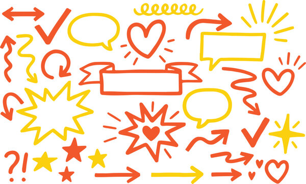 Hand-drawn doodle style vector set with arrows, symbols, hearts, stars, and highlights. Perfect for school notes, presentations, planners, and creative designs in an informal sketch style.