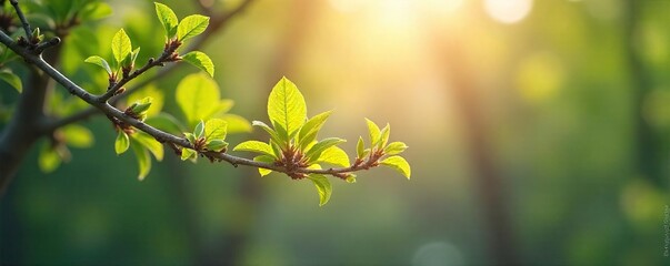 Obraz premium Soft sunlight filters through budding branches, illuminating a tranquil spring scene Gentle breezes rustle new leaves, creating a peaceful atmosphere of calm and renewal , fresh, environment