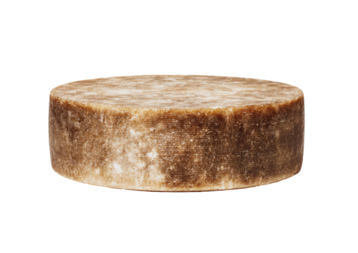 Circular, light brown bar of soap, smooth top, textured bottom