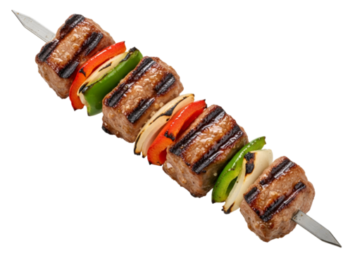 A close-up view of flavorful grilled skewers, featuring meat and colorful vegetables, displayed against a striking black background.
