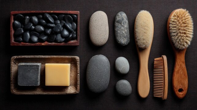 Assorted spa essentials arranged on a dark surface, including stones, soaps, brushes, and a comb, creating a calming and clean flat-lay composition