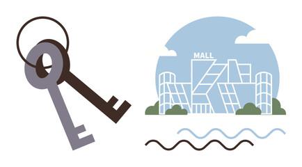 Keys adjacent to modern mall architecture, expressing urban access, property security, and retail possibilities. Ideal for real estate, retail, shopping, urban planning, key management modern