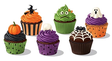Collection of Colorful Halloween Cupcakes with Witch, Ghost, Spider and Pumpkin Decorations